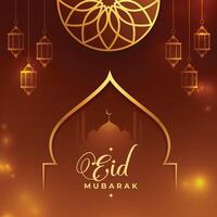 Muslim eid Mubarak glänzend Hintergrund mit Laterne und Moschee vektor