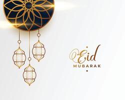 muslim festival eid mubarak skinande bakgrund med hängande lykta vektor