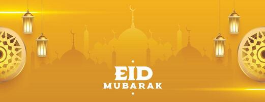 eid Mubarak Moschee Banner mit glänzend Beleuchtung und Laterne vektor