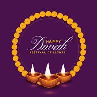 realistisch Diwali Diya mit Blume Rahmen Hintergrund vektor