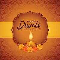 Lycklig diwali traditionell kort med diya och blommor vektor