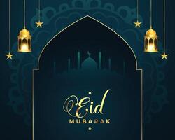 islamic eid mubarak moské och lykta hälsning bakgrund vektor
