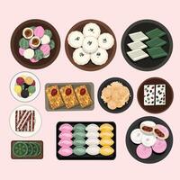 Koreanisch traditionell Süss Reis Kuchen. Kultteok, jeungpyeon, jeolpyeon, Gyeongdan, Yaksik oder Yakbap , injeolmi, baekseolgi, Sirutteok, Gaetteok , Songpyeon ,chapssaltteok, Illustration Vektor