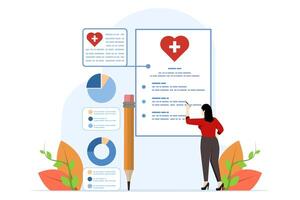 Gesundheit Versicherung Konzept erklärt durch attraktiv Visuals von Zuzahlung, Abdeckung, und Selbstbehalt Themen, mit Zeichen interagieren mit finanziell Elemente, eben Vektor Illustration.