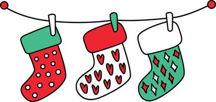 handgemalt Cartoons dekoriert Weihnachten Themen, eine solche wie Strumpf Stuffer. Cartoons darstellen Strümpfe zum Santa Klaus, gefüllt mit Geschenke. das Strümpfe hängen Stechpalme, Süßigkeiten Stöcke, und Schneeflocken. vektor