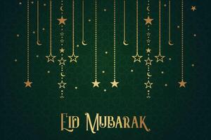 eid Mubarak Gruß Karte mit golden Halbmond und Muster Hintergrund vektor