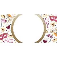 Aquarell horizontal Banner Vorlage zum purim mit runden Gold rahmen, Konfetti, Masken, Wein Glas, Raashan, Cracker vektor