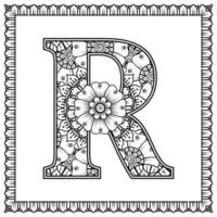 Buchstabe r aus Blumen im Mehndi-Stil. Malbuchseite. Umrisse Hand-Draw-Vektor-Illustration. vektor