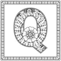 bokstaven q gjord av blommor i mehndi-stil. målarbok sida. kontur handrita vektorillustration. vektor