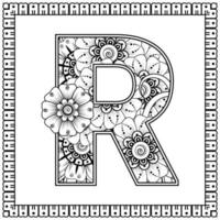 Buchstabe r aus Blumen im Mehndi-Stil. Malbuchseite. Umrisse Hand-Draw-Vektor-Illustration. vektor