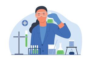 kvinna forskare bär skyddande glasögon för testning kemisk med flaska rör i kemisk laboratorium vektor