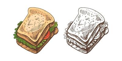 ritad för hand färgad och svartvit vektor skiss av en bit av smörgås med grönsaker, ost, kött. klotter årgång illustration. dekorationer för de meny av kaféer och etiketter. graverat bild.