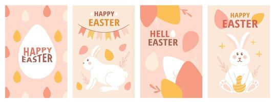 Lycklig påsk kort, affisch uppsättning. påsk ägg, kanin. vår modern vektor illustration