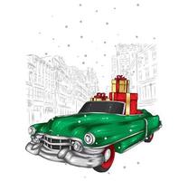vacker retro bil och julklappar. nyår, vykort eller affisch. vektor