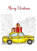 Taxi mit Neujahrsgeschenken auf dem Dach. Winter und Schnee, Neujahr und Weihnachten. Vektorillustration für eine Karte oder ein Poster. Wagen. vektor