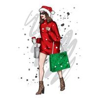 hübsches Mädchen in Weihnachtskleidung und Kaffee. Mode und Stil, Kleidung und Accessoires. vektor