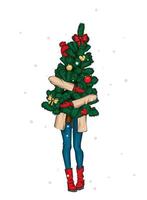 schönes Mädchen in stilvoller Kleidung und einem Weihnachtsbaum. neues Jahr und Weihnachten, Mode und Stil. vektor
