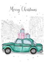 Taxi mit Neujahrsgeschenken auf dem Dach. Winter und Schnee, Neujahr und Weihnachten. Vektorillustration für eine Karte oder ein Poster. Wagen. vektor