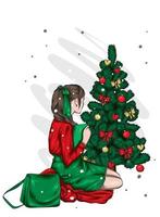 schönes Mädchen in stilvoller Kleidung und einem Weihnachtsbaum. Vintage und Retro, Mode und Stil. vektor