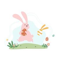 süß Rosa buuny halt ein Ostern Ei und Laufen auf das Wiese eben Vektor Illustration isoliert auf Weiß Hintergrund. glücklich Ostern. süß Pastell- Tier Charakter.