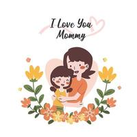 Lycklig mors dag söt tecknad serie platt vektor illustration isolerat på vit bakgrund. Lycklig familj med mor och dotter med kalligrafi, hjärta och blommig dekoration.