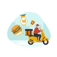 ein Essen Raider liefern Essen durch Gelb Roller Motorrad zu Zuhause eben Vektor Illustration isoliert auf Weiß Hintergrund. online Essen Lieferung Bedienung Konzept. Lieferung Zuhause und Büro