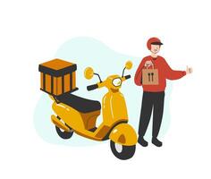 ein Essen Raider liefern Essen durch Gelb Roller Motorrad zu Zuhause eben Vektor Illustration isoliert auf Weiß Hintergrund. online Essen Lieferung Bedienung Konzept. Lieferung Zuhause und Büro