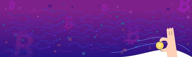 blå och röd bitcoin tecken under krets teknologi begrepp på violett och blå bakgrund. fyrkant partikel och linje digital, elektronisk abstrakt. vektor