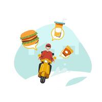 en mat raider leverera mat förbi gul skoter motorcykel till Hem platt vektor illustration isolerat på vit bakgrund. uppkopplad mat leverans service begrepp. leverans Hem och kontor