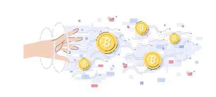 ein Hand erreichen zu ein Kryptowährung Münze auf Digital Schaltkreis Hintergrund Karikatur eben Vektor Illustration isoliert auf Weiß Hintergrund. Kryptowährung Investition im modern Technologie Konzept.