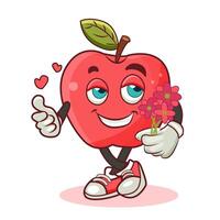 Karikatur Apfel retro groovig Charakter halten Blume und geben Daumen oben Vektor Abbildung. Valentinstag Tag Gruß Karte. modisch 70er Jahre Karikatur Stil.