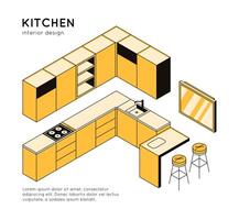 3d begrepp av en modern kök interiör, möbel och hushåll apparater för matlagning. rum, mall för möbel Lagra, design studio, arkitektonisk företag. vektor linjär isometrisk illustration