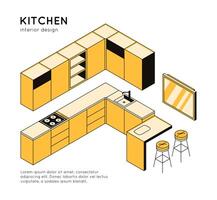 3d Konzept von ein modern Küche Innere, Möbel und Haushalt Haushaltsgeräte zum Kochen. Zimmer, Vorlage zum Möbel speichern, Design Studio, architektonisch Geschäft. Vektor linear isometrisch Illustration