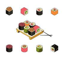 Sushi auf das Planke, traditionell asiatisch Lebensmittel. einstellen von Rollen mit Reis, Fisch, Lachs, Thunfisch, Kaviar, Seetang. Sammlung von 3d Meeresfrüchte Symbole, japanisch Küche. Vektor Gliederung 3d isometrisch Illustration