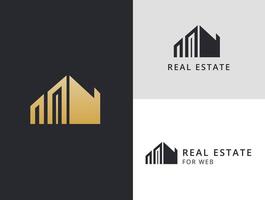 logotyp verklig egendom. gyllene ikon, elegant element hus. lägenhet med text vektor