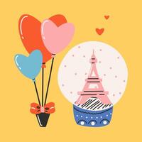 Postkarte Vorlage zum Heilige Valentinstag Tag, 14 Februar. Hand gezeichnet Karten mit Glas Schicht mit Eiffel Turm, Luftballons, Herz, Text. vektor