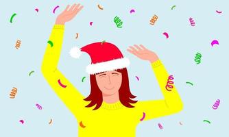 kvinna i santa hatt dansar på konfetti bakgrund. jul eller nyårsfirande koncept vektor