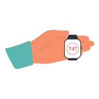 männlich Hand hält Clever Uhr mit Herzschlag Bewertung Tracker App auf Bildschirm. Impuls Herz Pflege Steuerung vektor