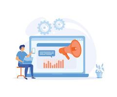 digital marknadsföring och befordran. man tecken analyserar Graf, diagram och planera marknadsföring strategi till uppnå företag mål. platt vektor modern illustration