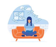 Frau verdienen Geld von Couch beim heim. weiblich Person Sitzung auf Sofa mit Laptop Computer und Dollar Rechnungen regnet runter. eben Vektor modern Illustration