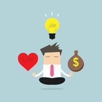 Geschäftsmann Meditation Balance zwischen Ideen, Geld und Leben. vektor