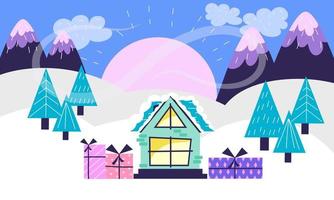 Weihnachtslandschaft auf dem Hintergrund von Bergen, Bäumen und Häusern in einem skandinavischen flachen Stil. Vektorillustration des Winterhintergrunds für Web und Postkarten vektor