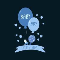 affisch med vektor baby element. vykort med ballonger och leksaker för en pojke. hemgjorda blå babymallar. vektor illustration