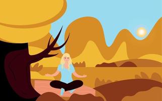 höstlandskap varmt väder flicka sitter under trädet gör yoga hälsosam livsstil. vektor illustration