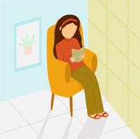 kvinna läser bok på stol. läsa bok hemma. vektor illustration