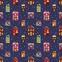 nahtloses Muster mit festlichen Weihnachtshäusern und Schnee auf blauem Hintergrund. heller Druck für Silvester und Winterferien für Geschenkpapier, Textil und Design vektor