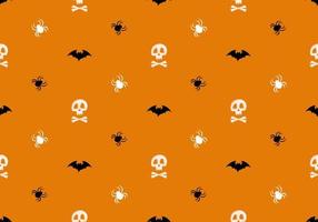 helles nahtloses Muster mit Totenköpfen und gekreuzten Knochen, Spinnen und Fledermäusen auf orangem Hintergrund. Modedruck für Kinderparty, Urlaub, Halloween, Textil und Design vektor