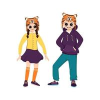 Mädchen und Junge im orangefarbenen Hut des Tigers. Karnevalsparty für Kinder. Kinder in Tierkostümen für Neujahr, Weihnachten oder Urlaub vektor