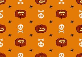 helles nahtloses Muster mit Kürbissen, Schädeln und Spinnen. festliche Herbstdekoration für Halloween. Feiertags-Oktober-Hintergrund für Papierdruck, Textil und Design vektor