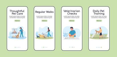 hundvård onboarding mobil app skärm platt vektor mall. ägare med husdjur. genomgångswebbplats 4 steg med karaktärer. creative ux, ui, gui smartphone tecknade gränssnitt, fodral utskrifter set